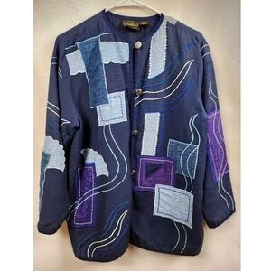 VTG Allure Abstract Patchwork Jacket Womens Medium Blue Art To Wear Button Front